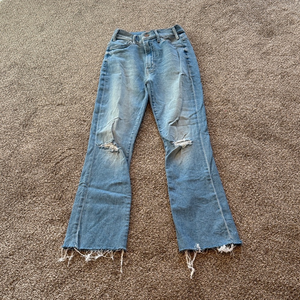 MOTHER Distressed Light Blue Flare Jeans